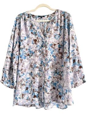 NYDJ Floral Split V-Neck Button Down Blouse XL
